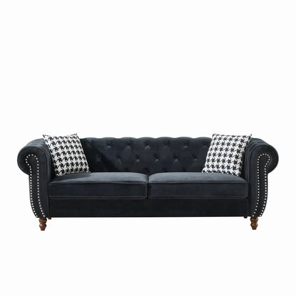 Chesterfield 3+2 seater sofa in black faux leather with roll arms and nailhead trim on Tampa Home & Garden Store