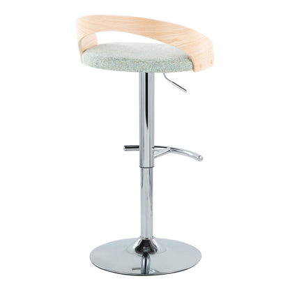 Contemporary adjustable barstool with swivel, rounded T footrest, wood back and gray seat on Tampa Home & Garden Store