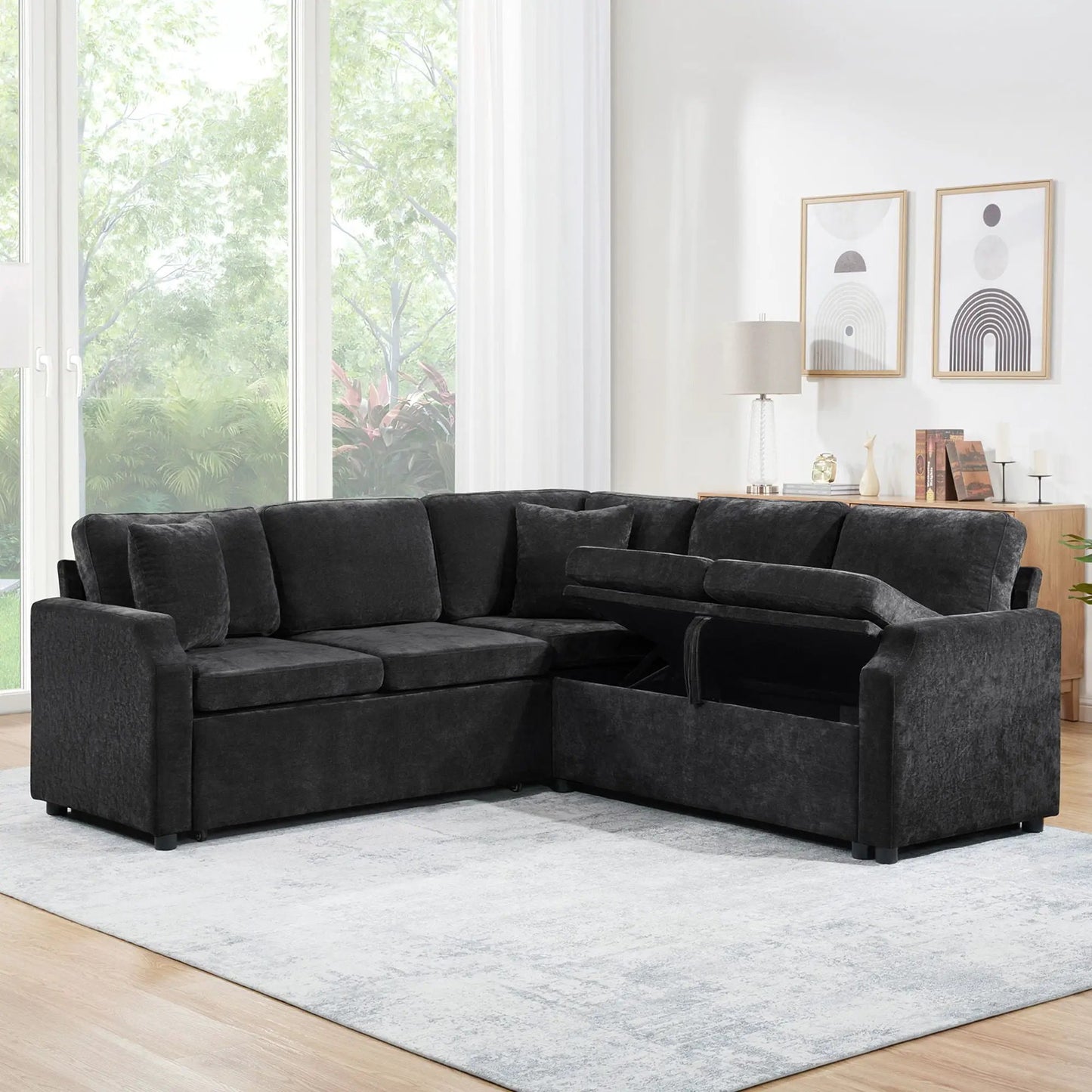 Modern L-shape sleeper sectional sofa with hidden storage in charcoal upholstery by Unique Piece on Tampa Home & Garden Store