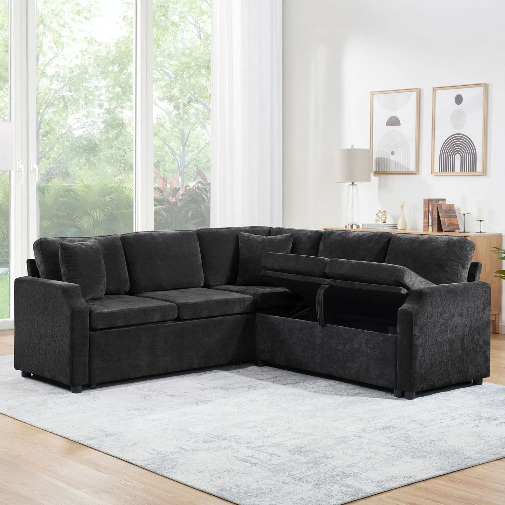 Modern L-shape sleeper sectional sofa with hidden storage in charcoal upholstery by Unique Piece on Tampa Home & Garden Store