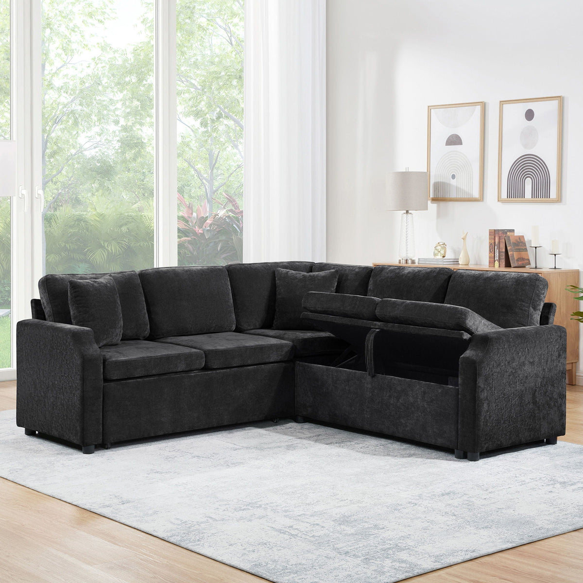 Modern L-shaped sleeper sectional sofa bed in dark charcoal upholstery with hidden storage on Tampa Home & Garden Store