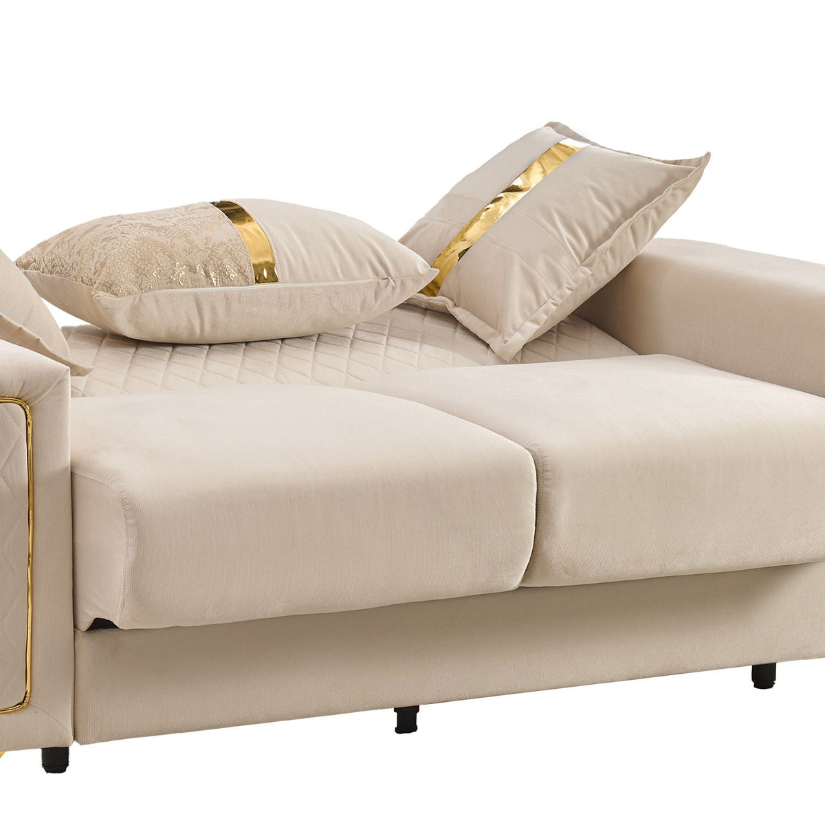 Beige upholstered sofa with gold-tone legs and gold stripe cushions, diamond-quilted seat on Tampa Home & Garden Store
