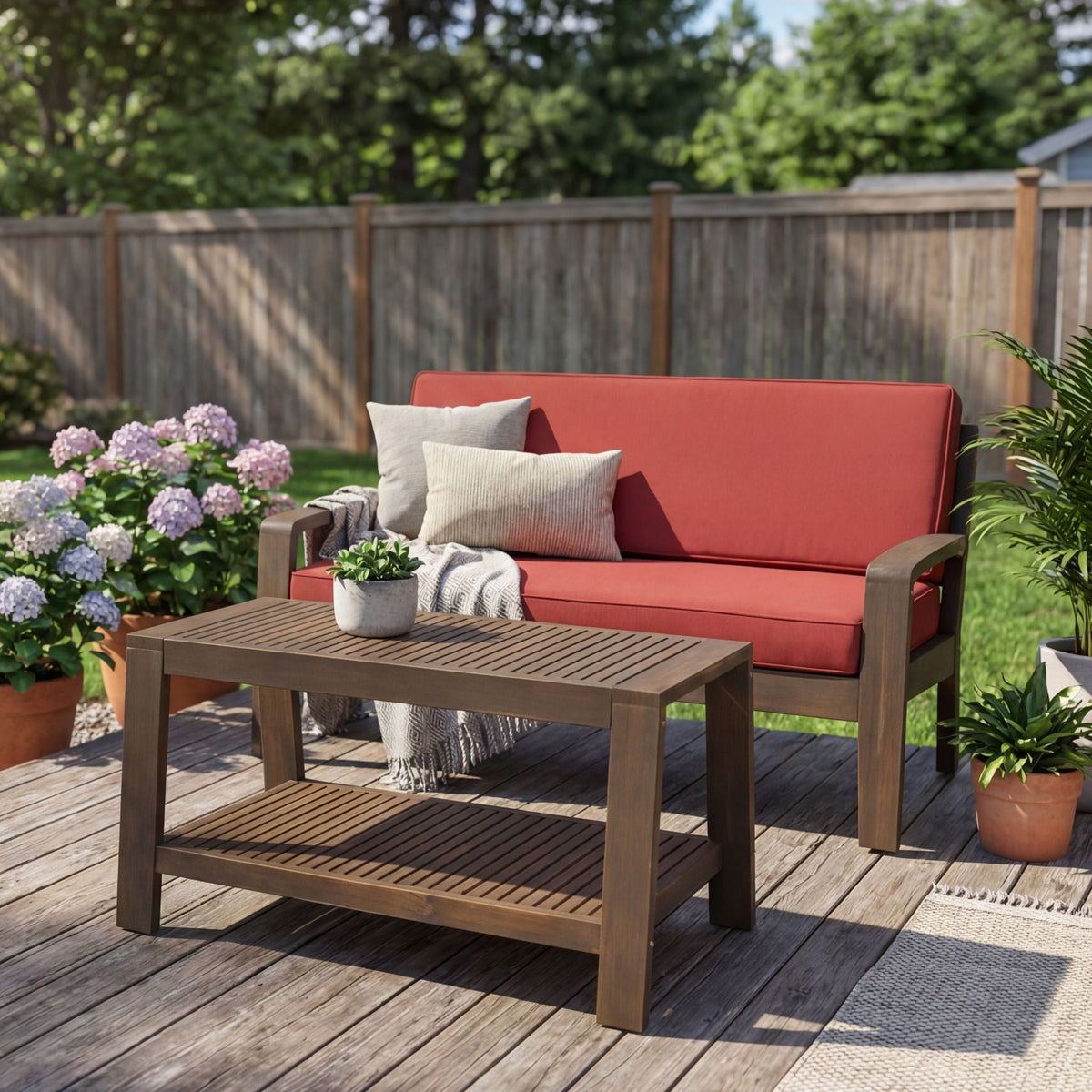2 Piece Outdoor Loveseat & Coffee Table set with reddish-orange cushions HouseOfZazla on Tampa Home & Garden Store