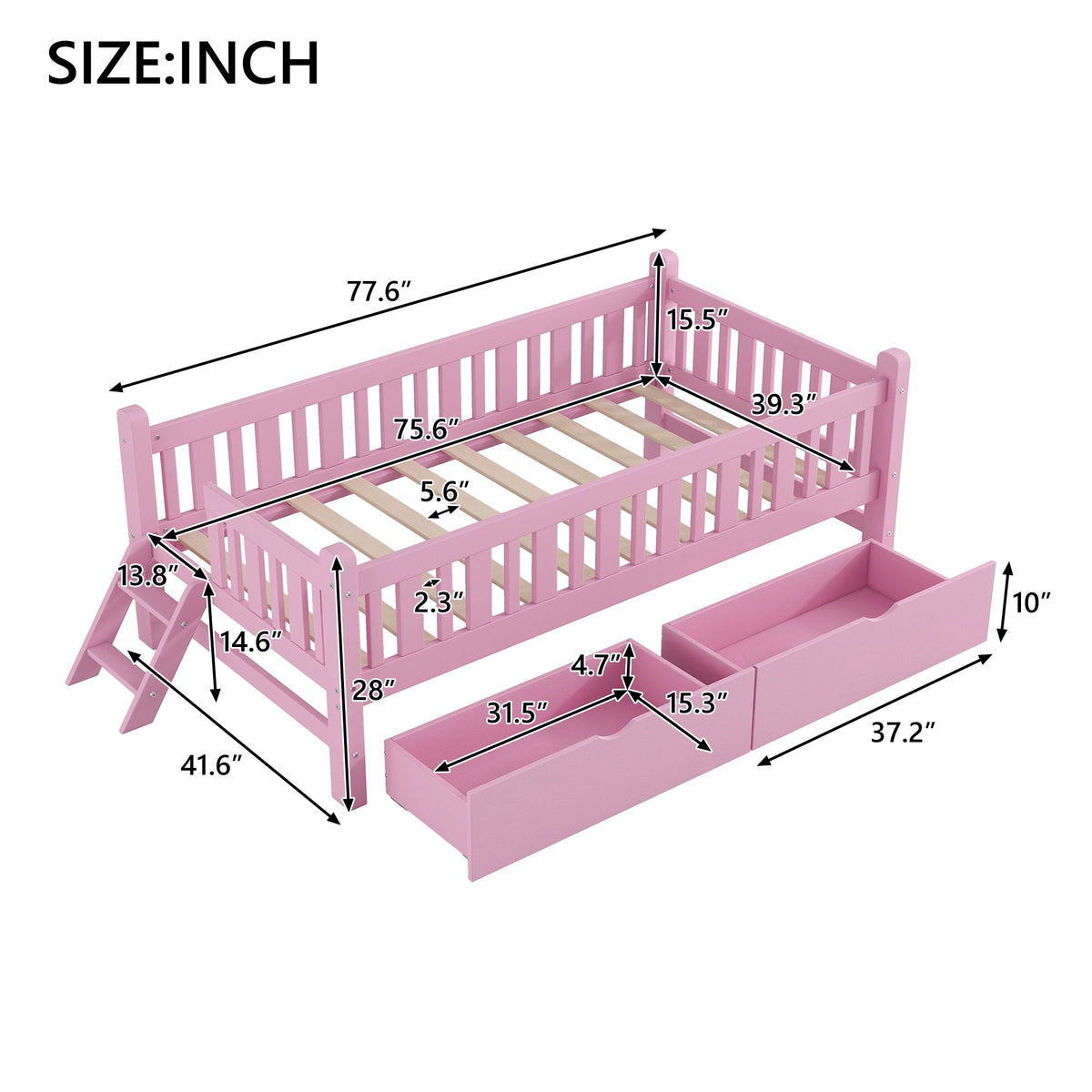 Pink platform bed with guardrails and 2 under-bed drawers by HouseOfZazla on Tampa Home & Garden Store