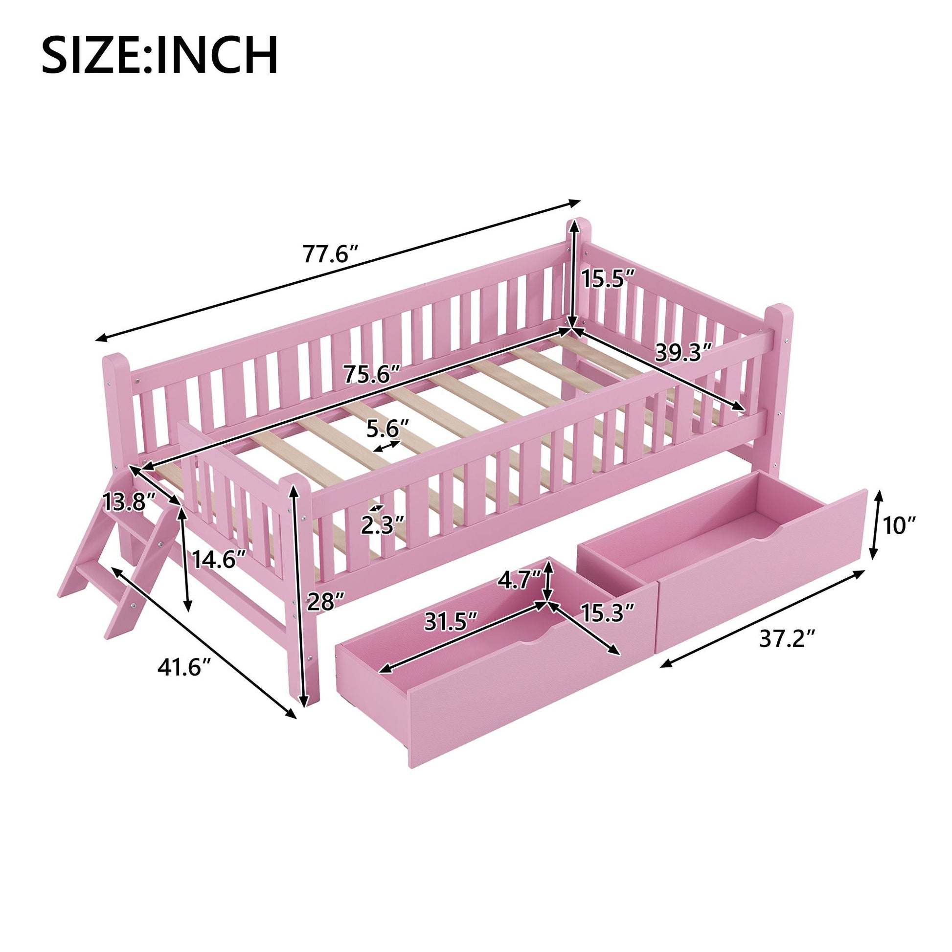 Pink platform bed with guardrails and 2 under-bed drawers by HouseOfZazla on Tampa Home & Garden Store