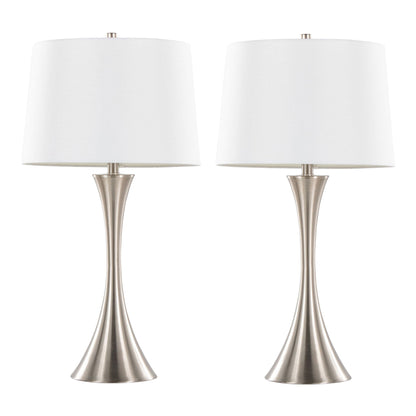 Lenuxe contemporary table lamp set of 2 with white fabric shades and nickel bases HouseOfZazla on Tampa Home & Garden Store
