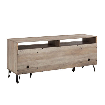 HouseOfZazla fluted TV stand with storage, weathered wood finish, metal hairpin legs on Tampa Home & Garden Store