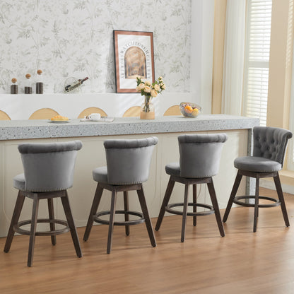 Counter height velvet gray bar stools with 360° swivel and dark wood legs on Tampa Home & Garden Store