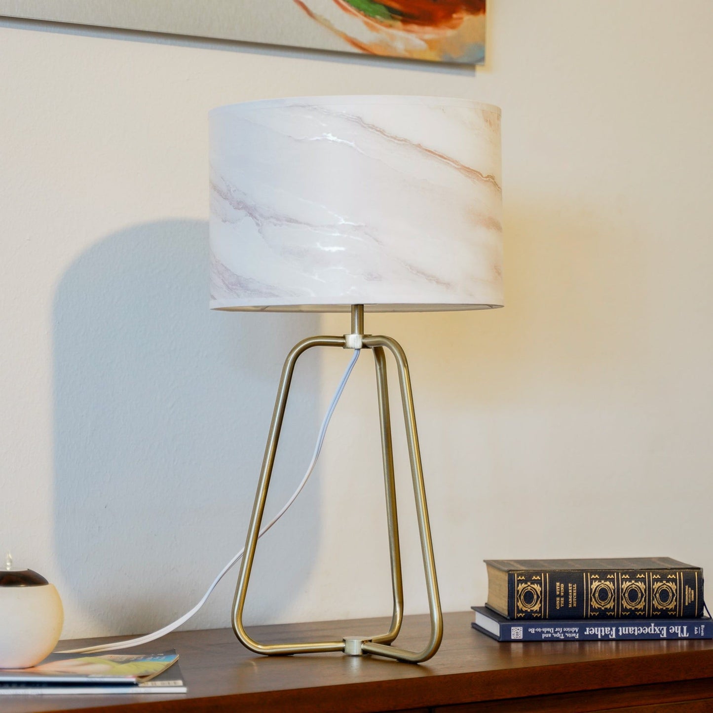 Optima desk lamp with white marble shade and brass tripod base on Tampa Home & Garden Store