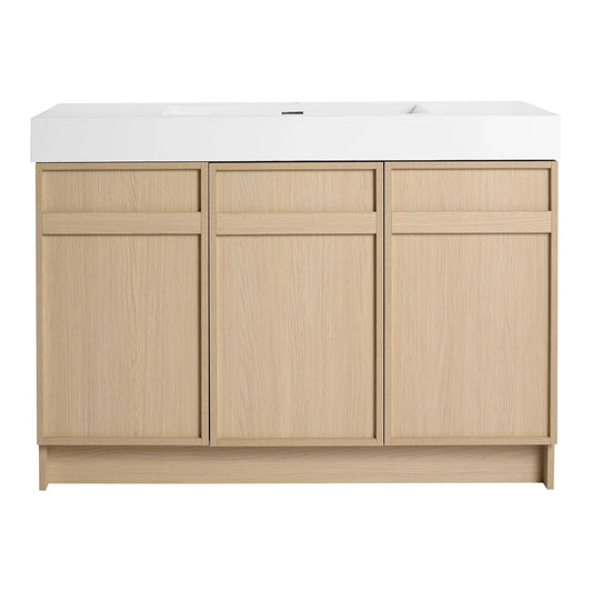 Freestanding bathroom vanity with white resin sink and natural oak base 3 doors soft-close on Tampa Home & Garden Store