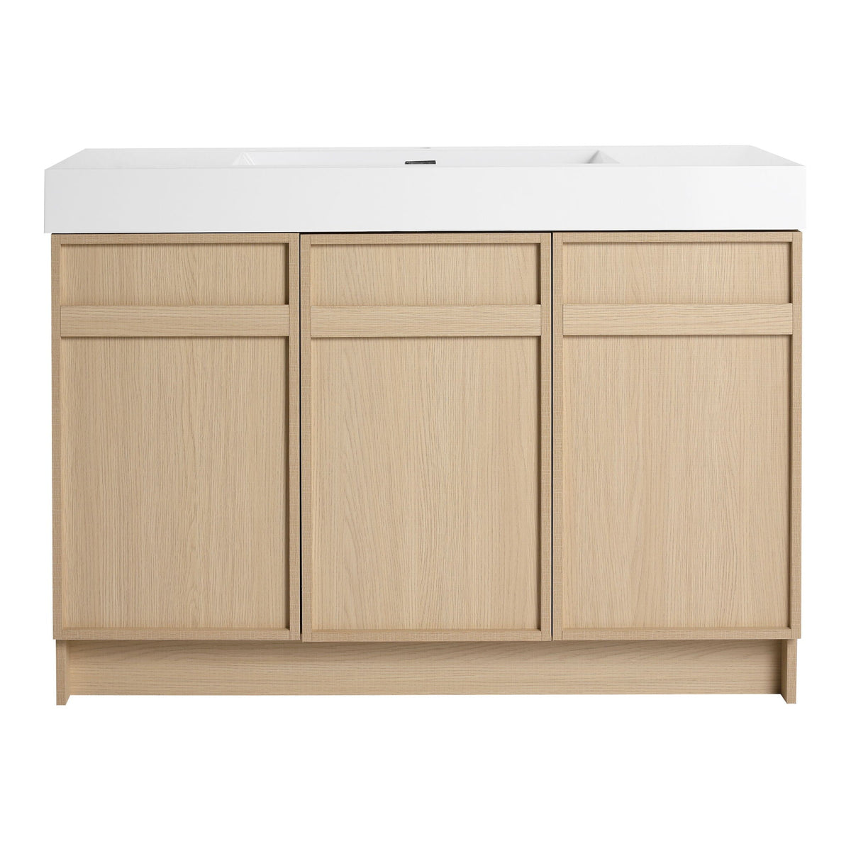 Freestanding vanity with white resin sink atop oak cabinet, HouseOfZazla, soft-close doors on Tampa Home & Garden Store