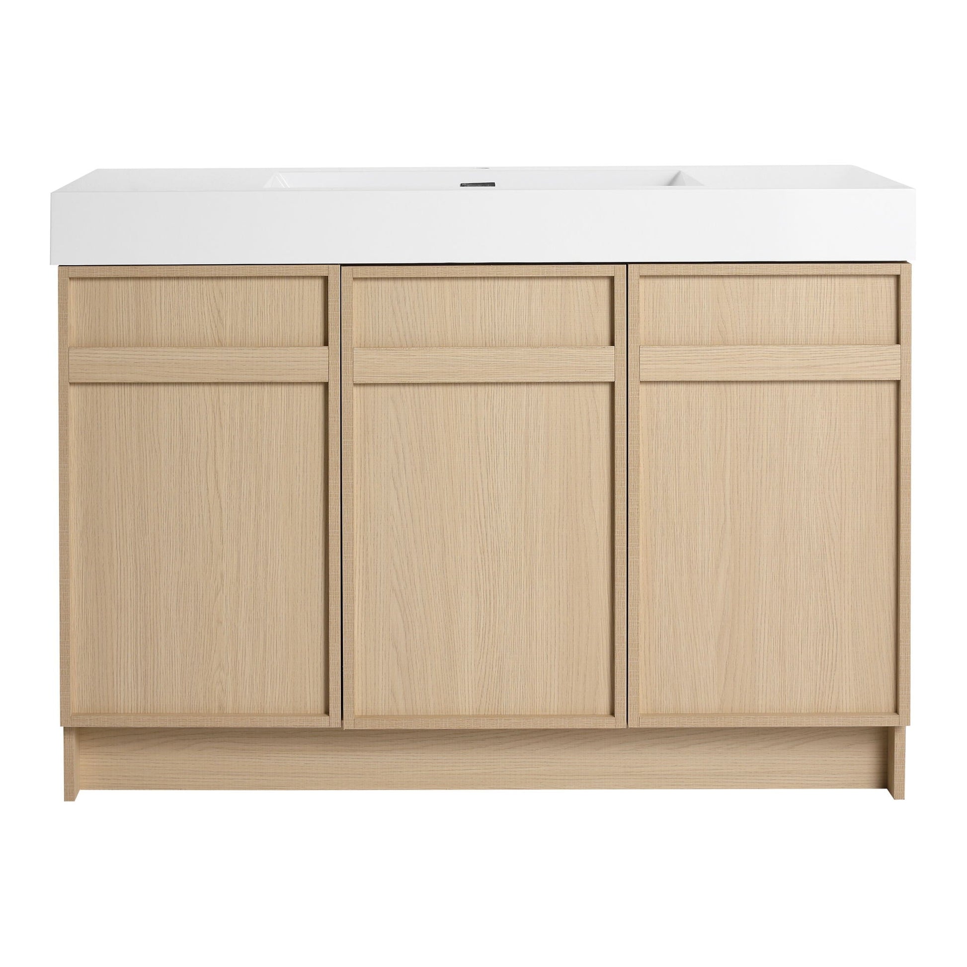Freestanding vanity with white resin sink atop oak cabinet, HouseOfZazla, soft-close doors on Tampa Home & Garden Store