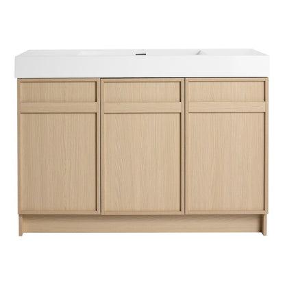 Freestanding vanity with white resin sink atop oak cabinet, HouseOfZazla, soft-close doors on Tampa Home & Garden Store