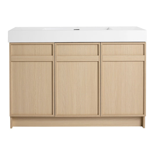 Freestanding vanity with white resin sink atop oak cabinet, HouseOfZazla, soft-close doors on Tampa Home & Garden Store