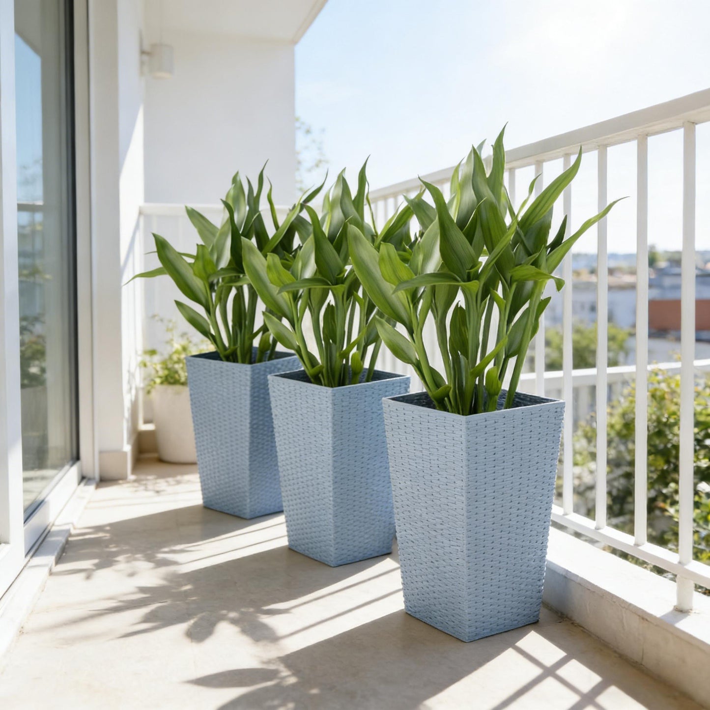 Plant Box Set of 3 Tall Planters in blue woven finish with green foliage on balcony railing on Tampa Home & Garden Store