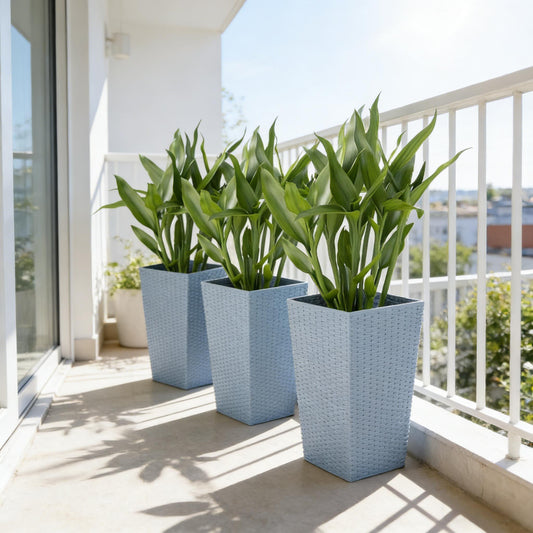Plant Box Set of 3 Tall Planters in blue woven finish with green foliage on balcony railing on Tampa Home & Garden Store