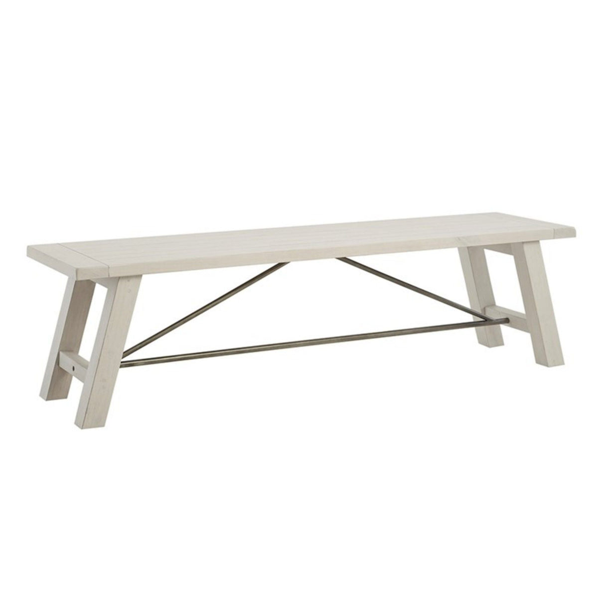 Solid wood dining bench with metal stretchers in whitewashed pale finish on Tampa Home & Garden Store