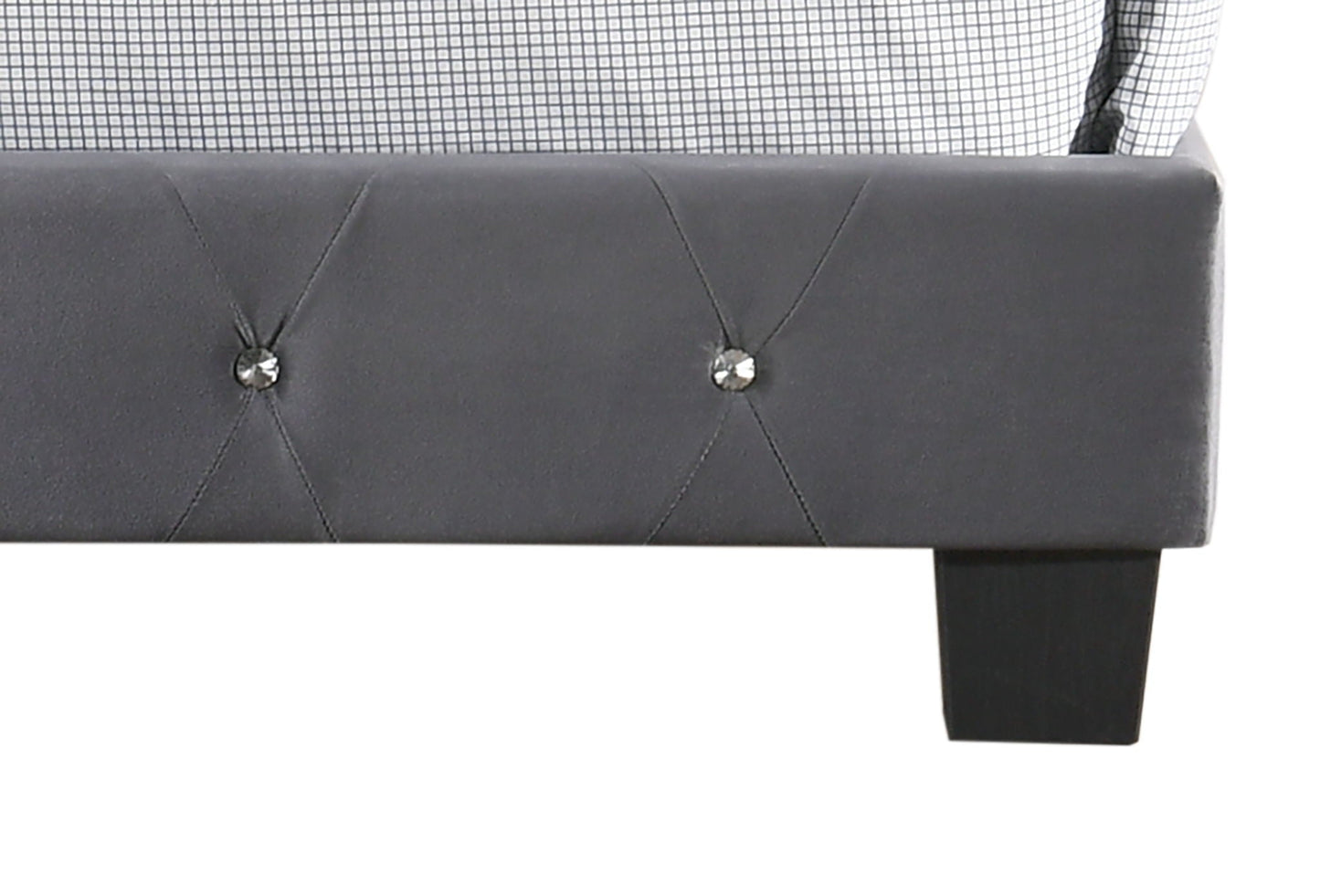 Luxurious Upholstered Bed gray faux leather headboard with tufting and crystal buttons on Tampa Home & Garden Store