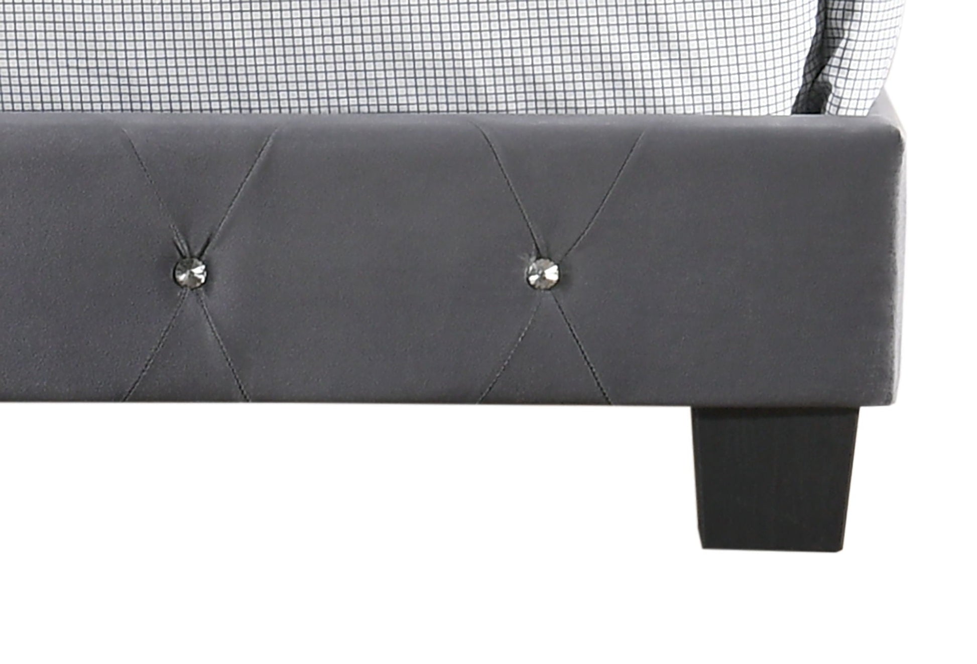 Luxurious Upholstered Bed gray faux leather headboard with tufting and crystal buttons on Tampa Home & Garden Store