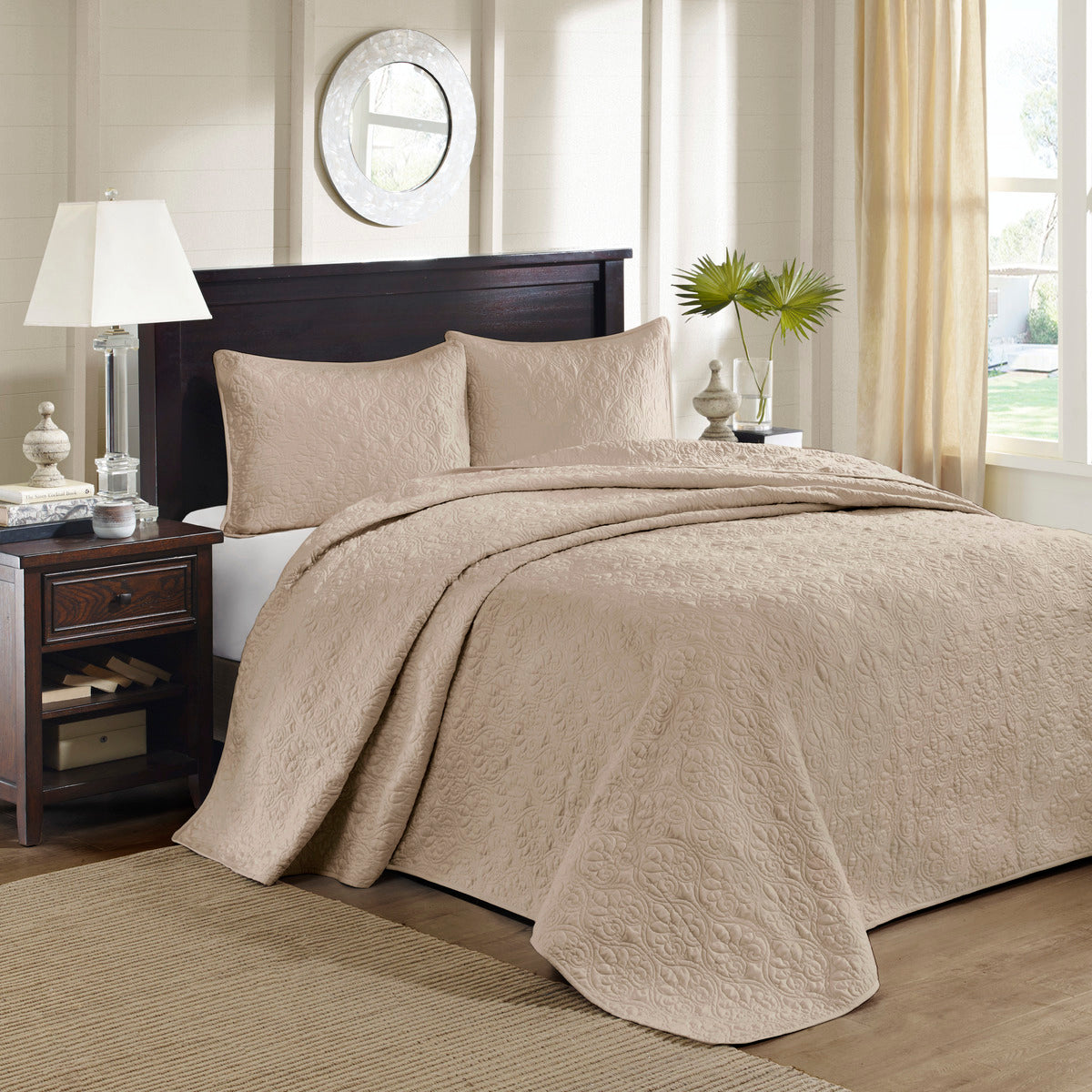 Reversible Quilt Set with Antimicrobial Cotton Filling - Khaki King/Cal King on Tampa Home & Garden Store