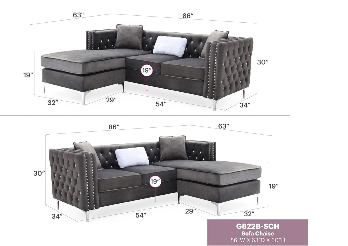 Paige Sofa Chaise and Elegant Tufted Steel Legs