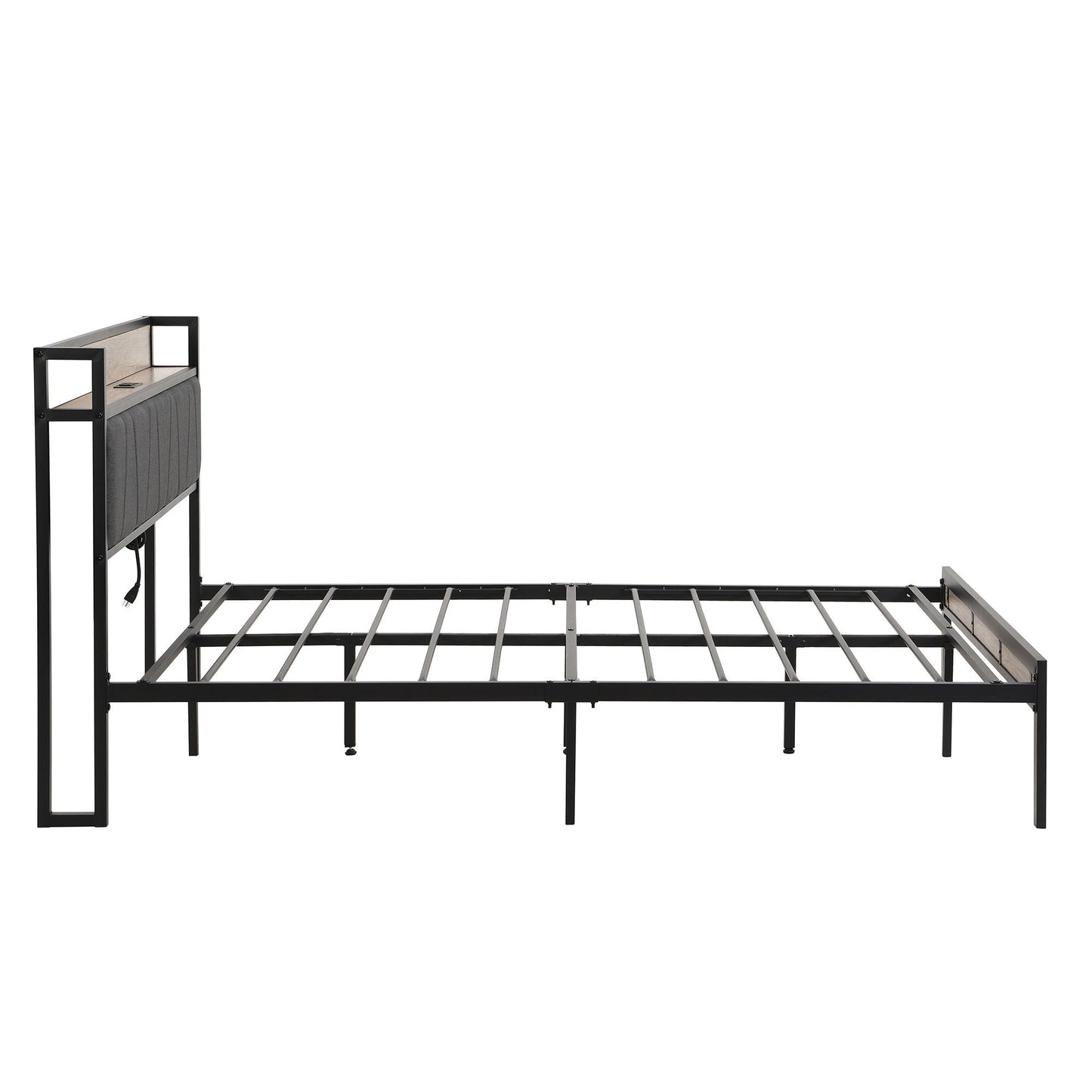 Storage bed frame with upholstered gray headboard and black metal frame with USB charging on Tampa Home & Garden Store