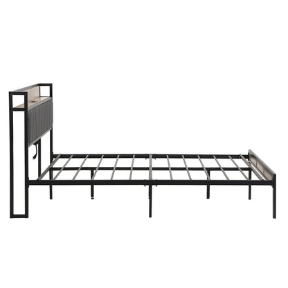 Storage bed frame with upholstered gray headboard and black metal frame with USB charging on Tampa Home & Garden Store