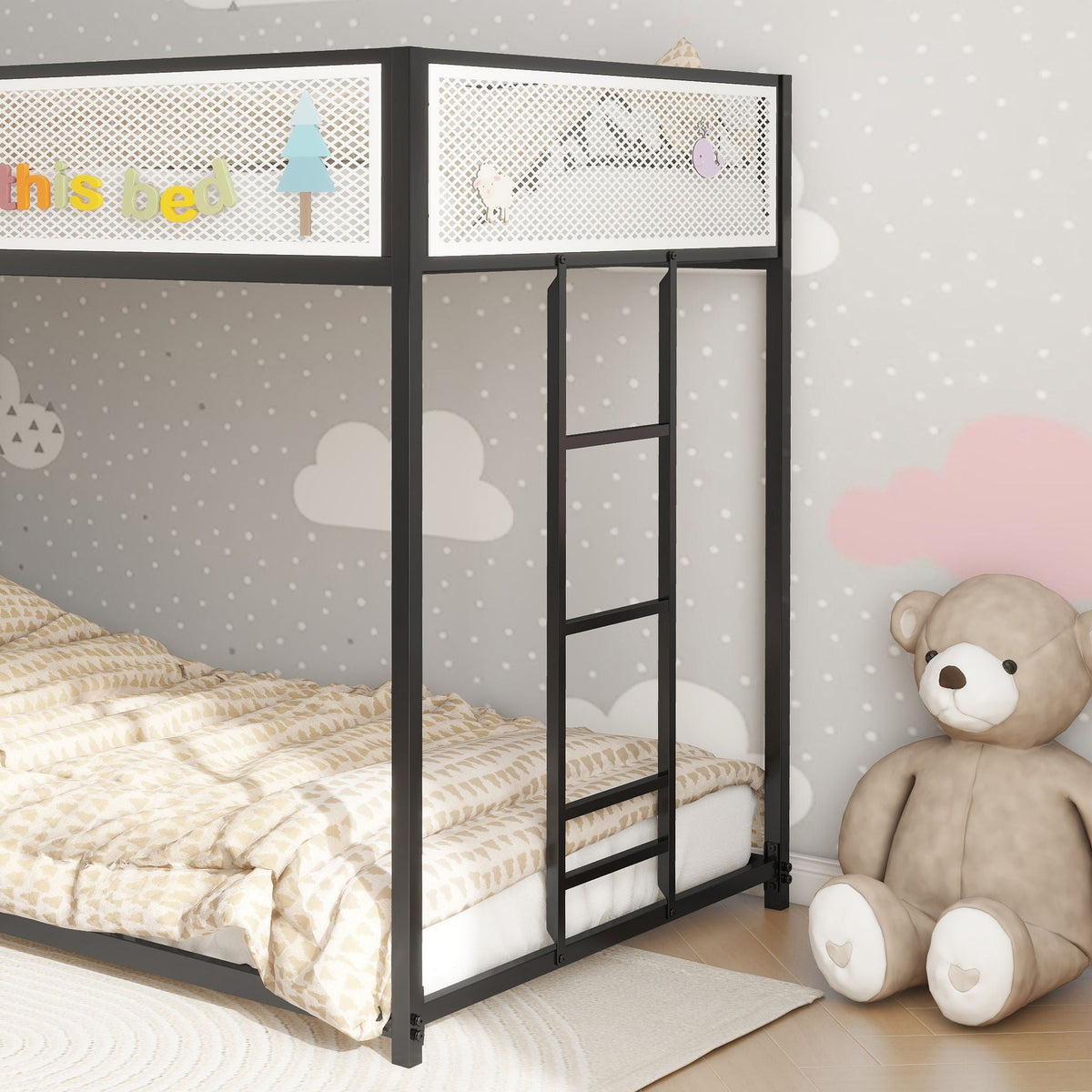 Adam bunk guard rail by HouseOfZazla on black metal bunk bed with white lattice panels on Tampa Home & Garden Store