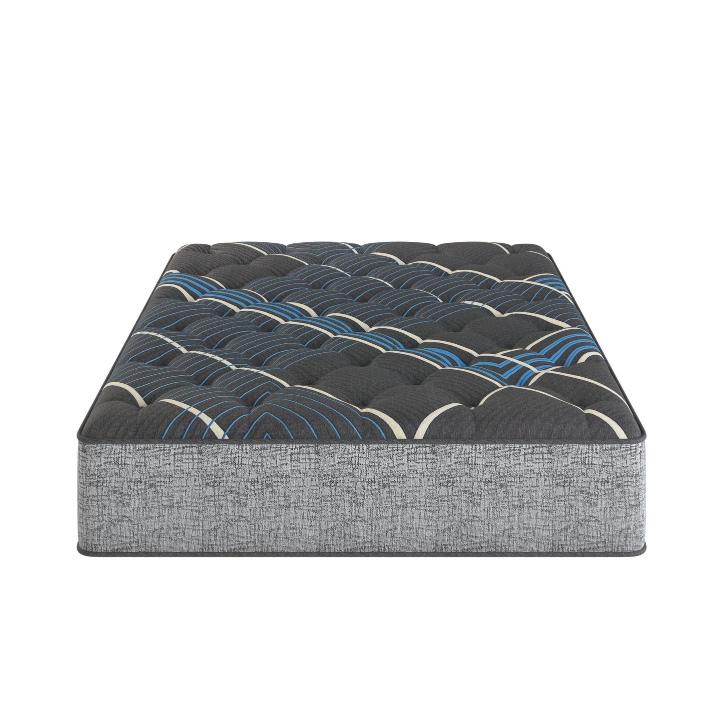 Comfort Care 14in hybrid mattress with pocketed coils, dark gray cover, blue trim medium on Tampa Home & Garden Store