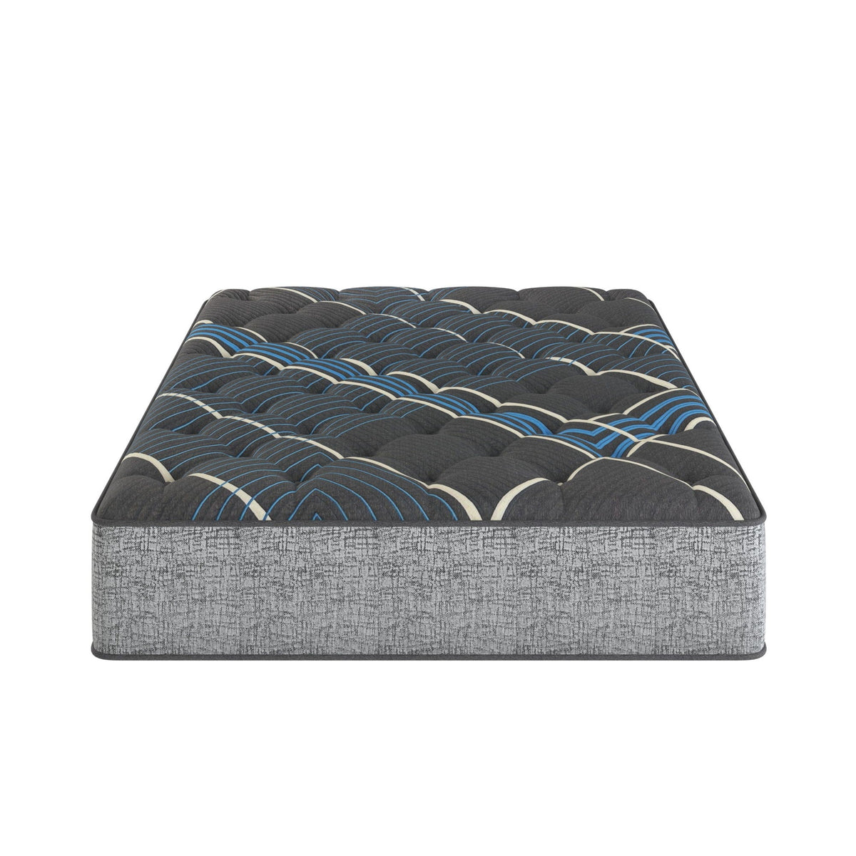 Comfort Care 14in hybrid mattress with pocketed coils, dark gray cover, blue trim medium on Tampa Home & Garden Store