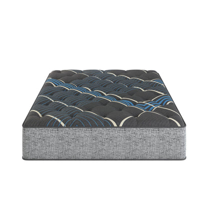Comfort Care 14in hybrid mattress with pocketed coils, dark gray cover, blue trim medium on Tampa Home & Garden Store