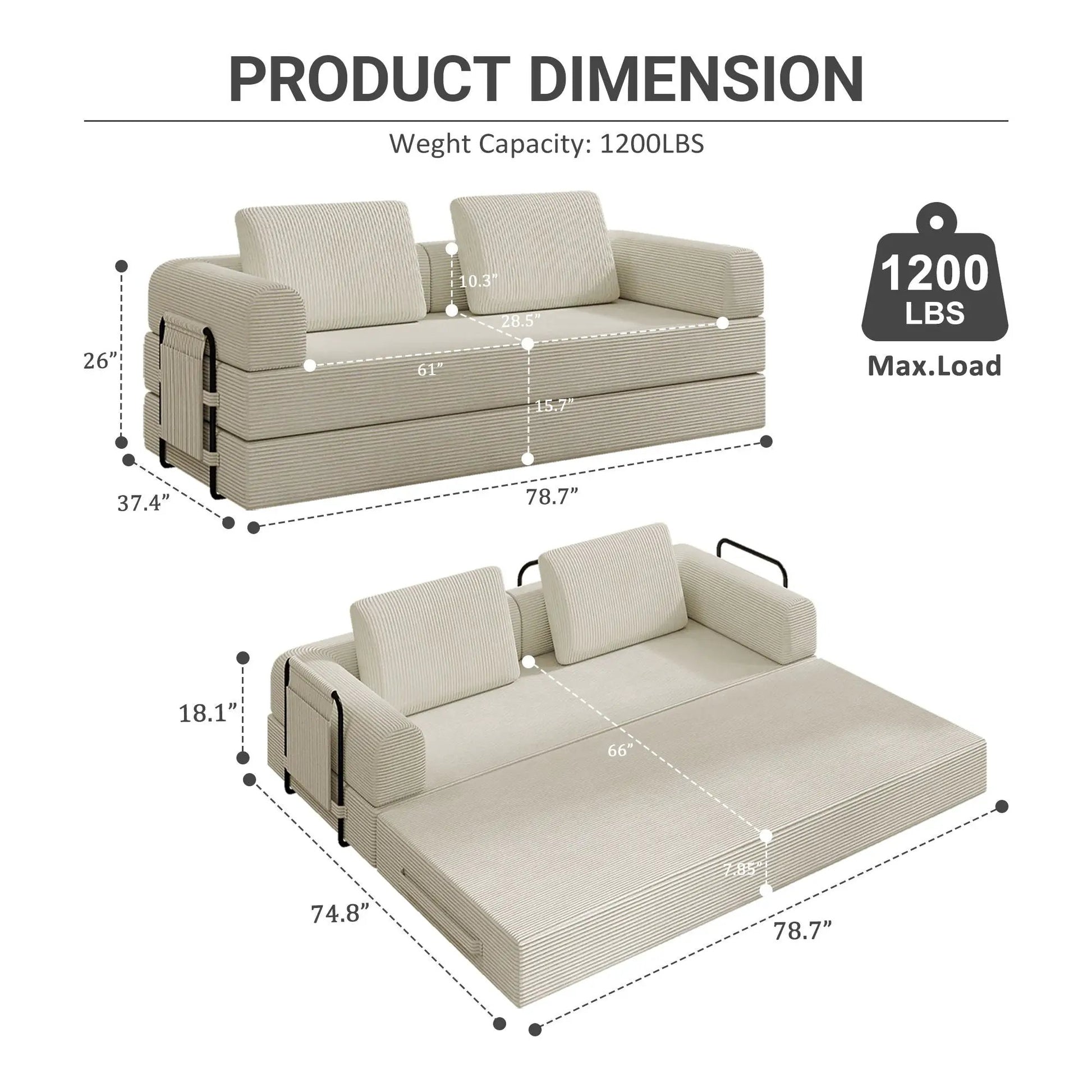Convertible Sleeper Sofa Bed with Cylindrical Pillow, beige fixed-frame futon, 78.7in long on Tampa Home & Garden Store