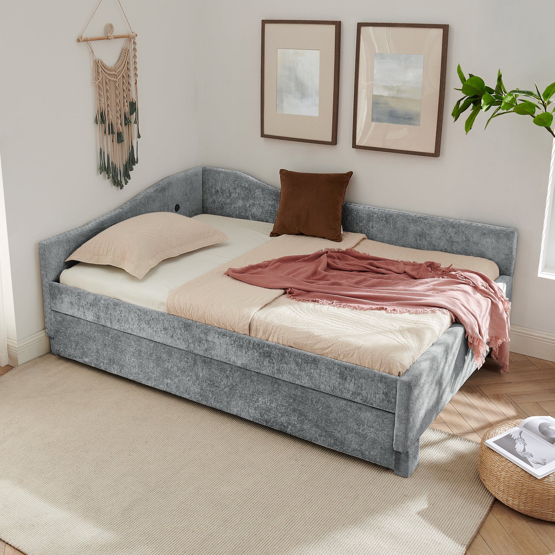 Full Size Curved Round Edge Padded Backrest Daybed in blue-gray upholstery by HouseOfZazla on Tampa Home & Garden Store