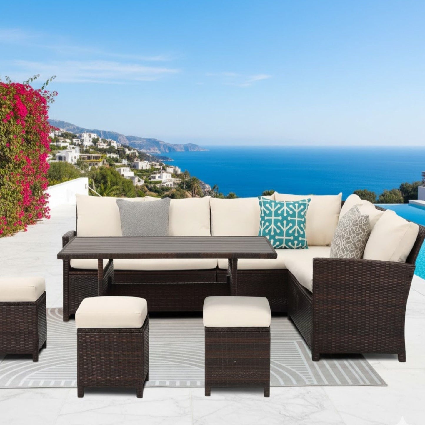 7 Piece Patio Dining Set with Cushions; dark wicker modular sectional sofa with storage table on Tampa Home & Garden Store