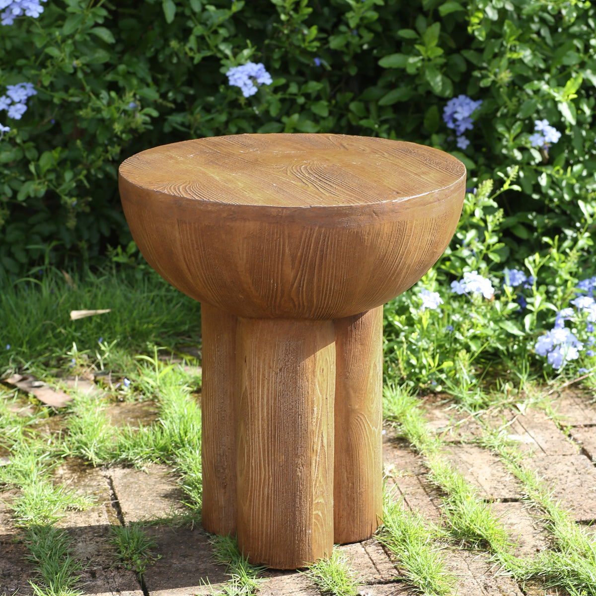 Iris Outdoor Patio Three-Legged Wood-Grain Side Table brown round wood top on Tampa Home & Garden Store