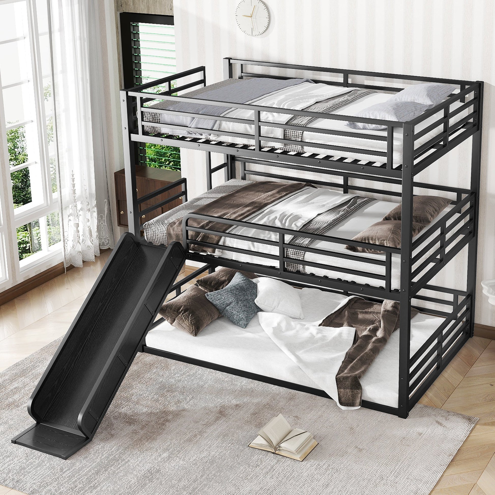 Full over full bunk bed with slide in black metal frame by HouseOfZazla, two beds shown on Tampa Home & Garden Store