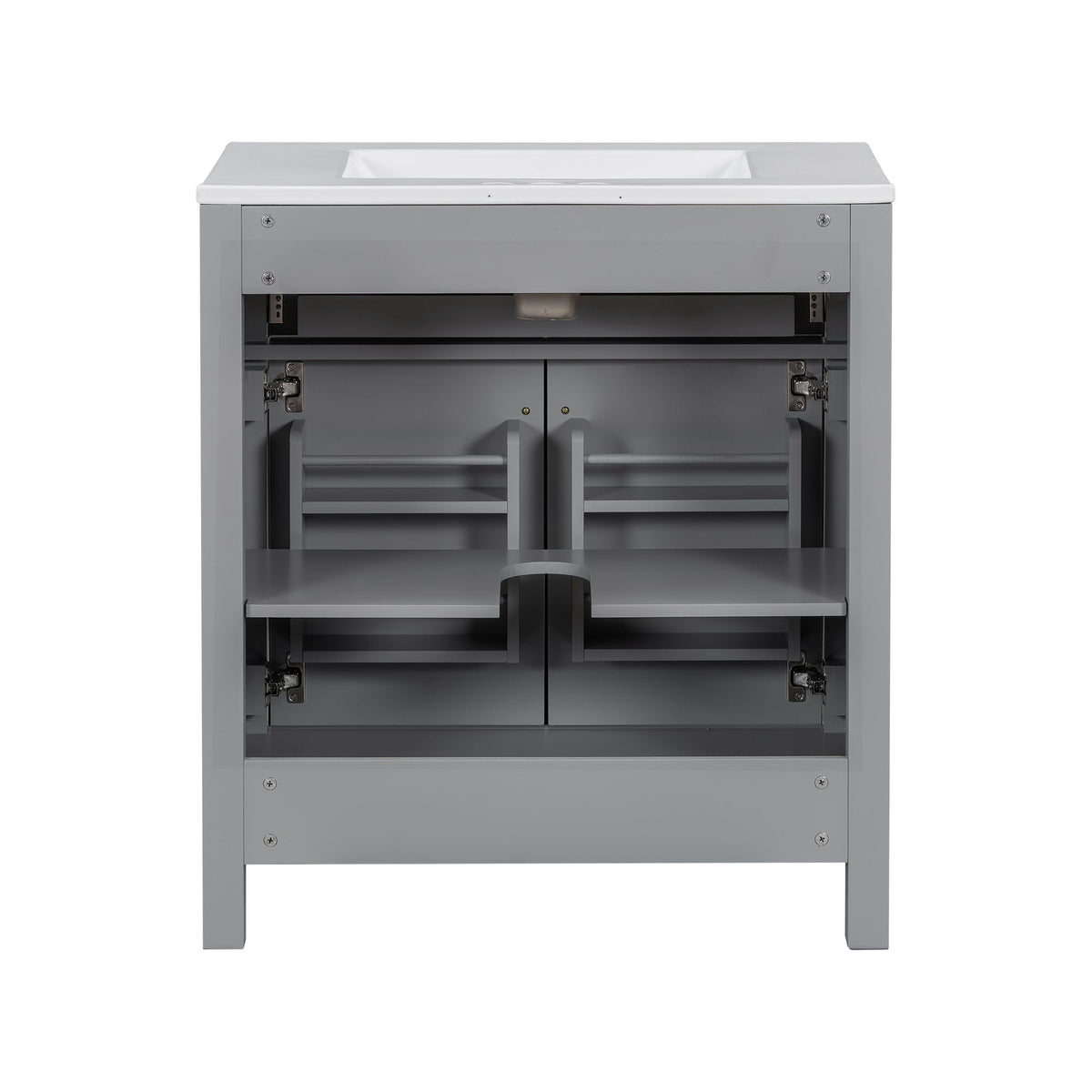 Modern bathroom vanity with ceramic sink and gray finish, soft-close doors on Tampa Home & Garden Store