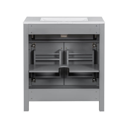 Modern bathroom vanity with ceramic sink and gray finish, soft-close doors on Tampa Home & Garden Store