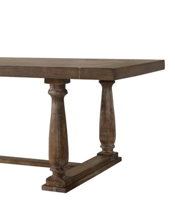 Bernard Weathered Dining Table rustic brown wood top with carved pedestal legs HouseOfZazla on Tampa Home & Garden Store