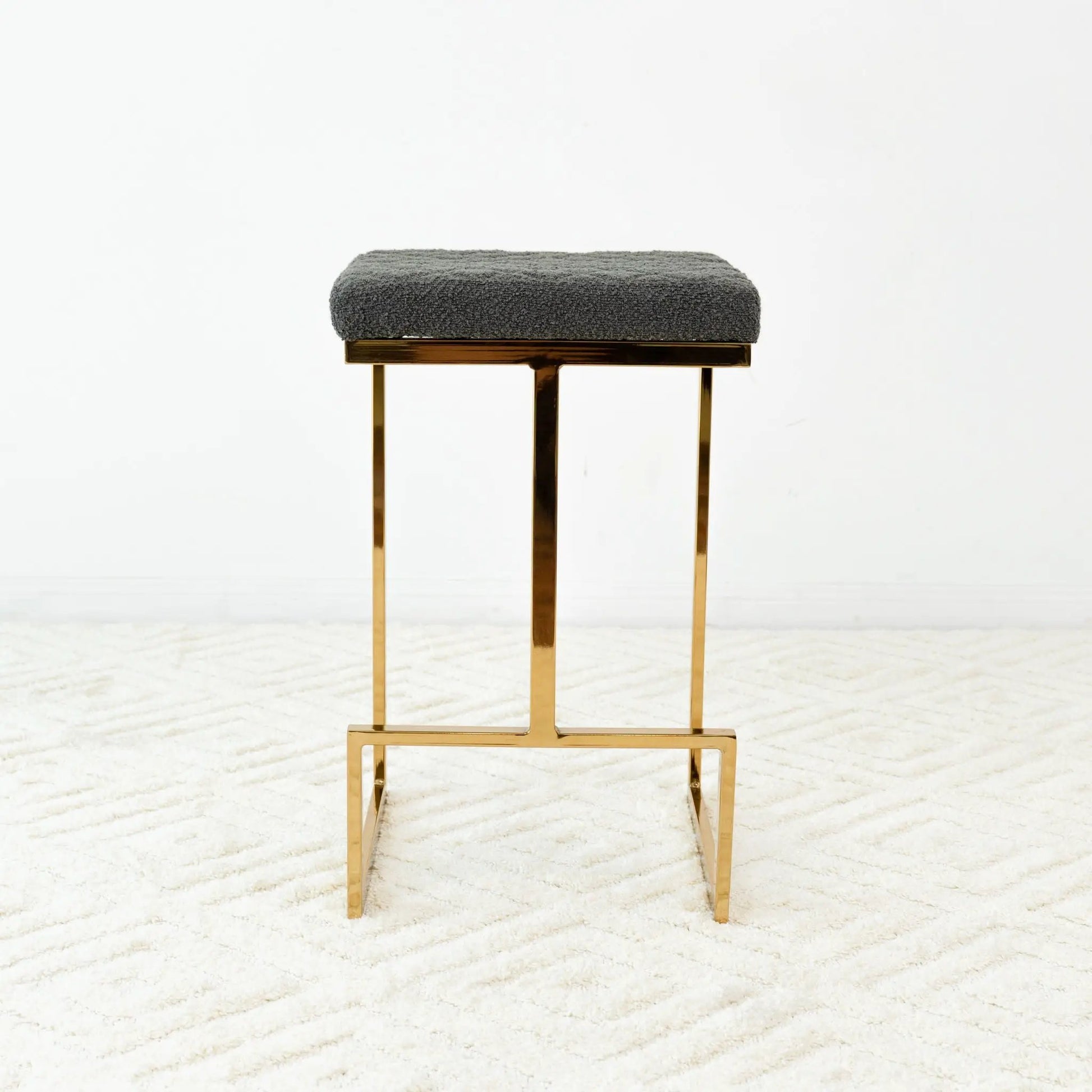 Joel Mid Century Modern Upholstered Stool gray fabric, gold metal legs, counter height 24-27 in on Tampa Home & Garden Store