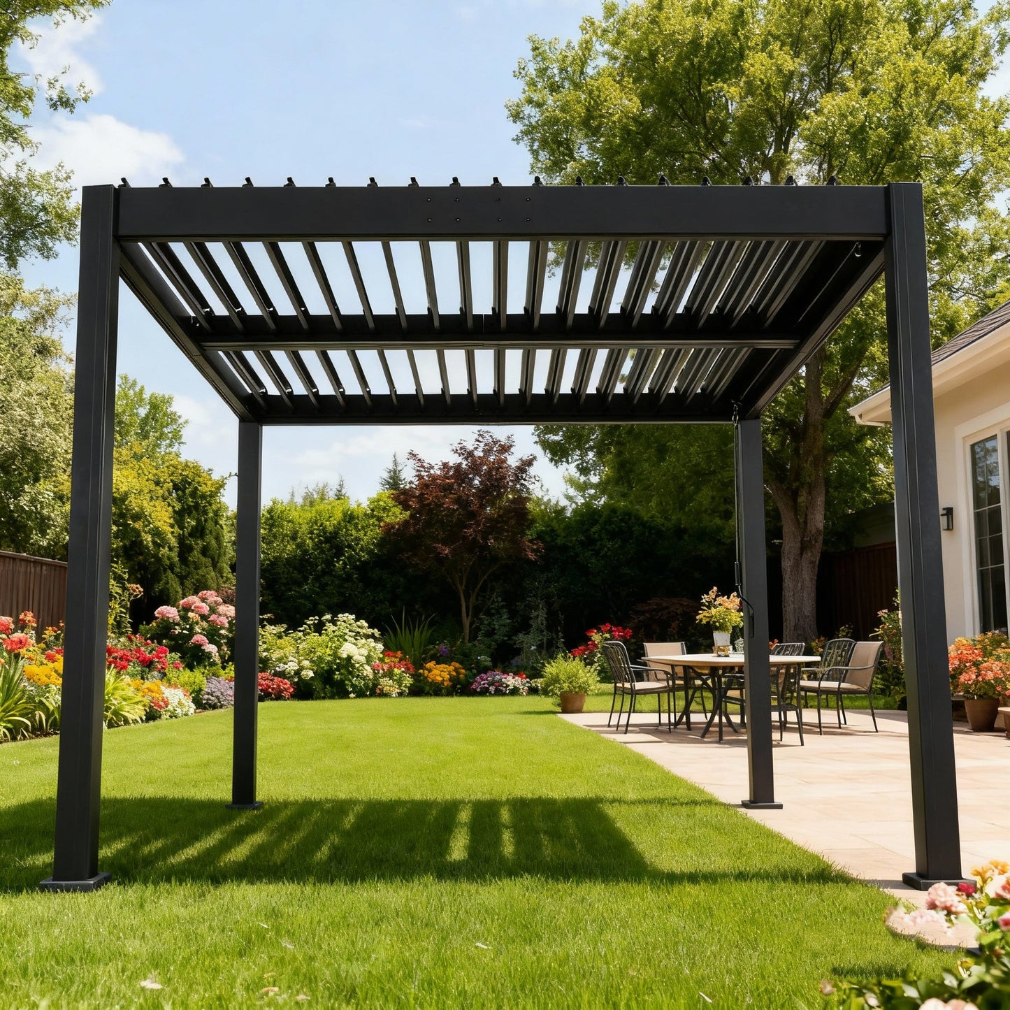 Byron Outdoor Pergola by HouseOfZazla in black metal with slatted roof over outdoor dining table and chairs on Tampa Home & Garden Store