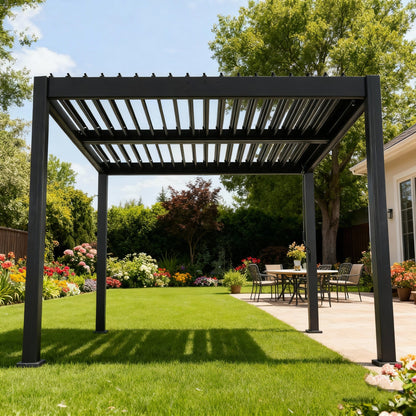 Byron Outdoor Pergola by HouseOfZazla in black metal with slatted roof over outdoor dining table and chairs on Tampa Home & Garden Store