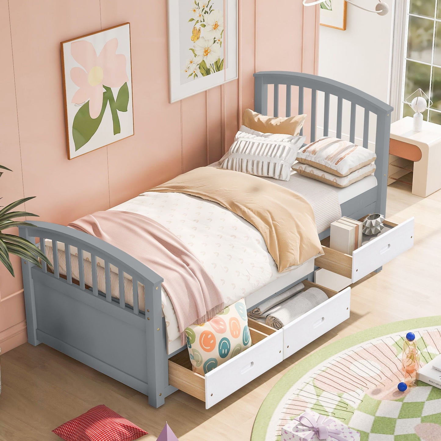 Platform storage bed solid wood blue-gray with 6 built-in drawers on Tampa Home & Garden Store