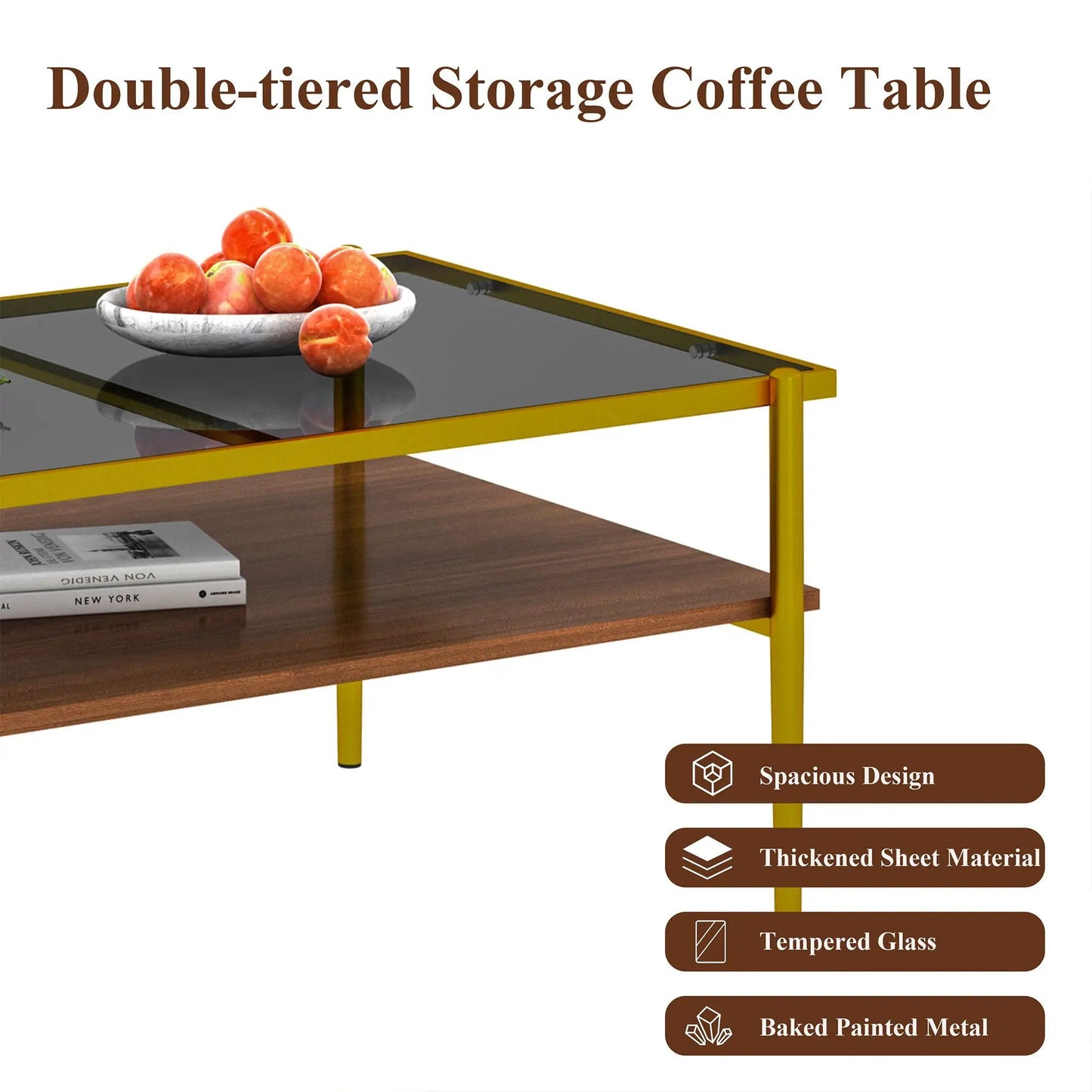 Rectangle coffee table with tempered glass top, yellow metal legs, dual-tier storage on Tampa Home & Garden Store