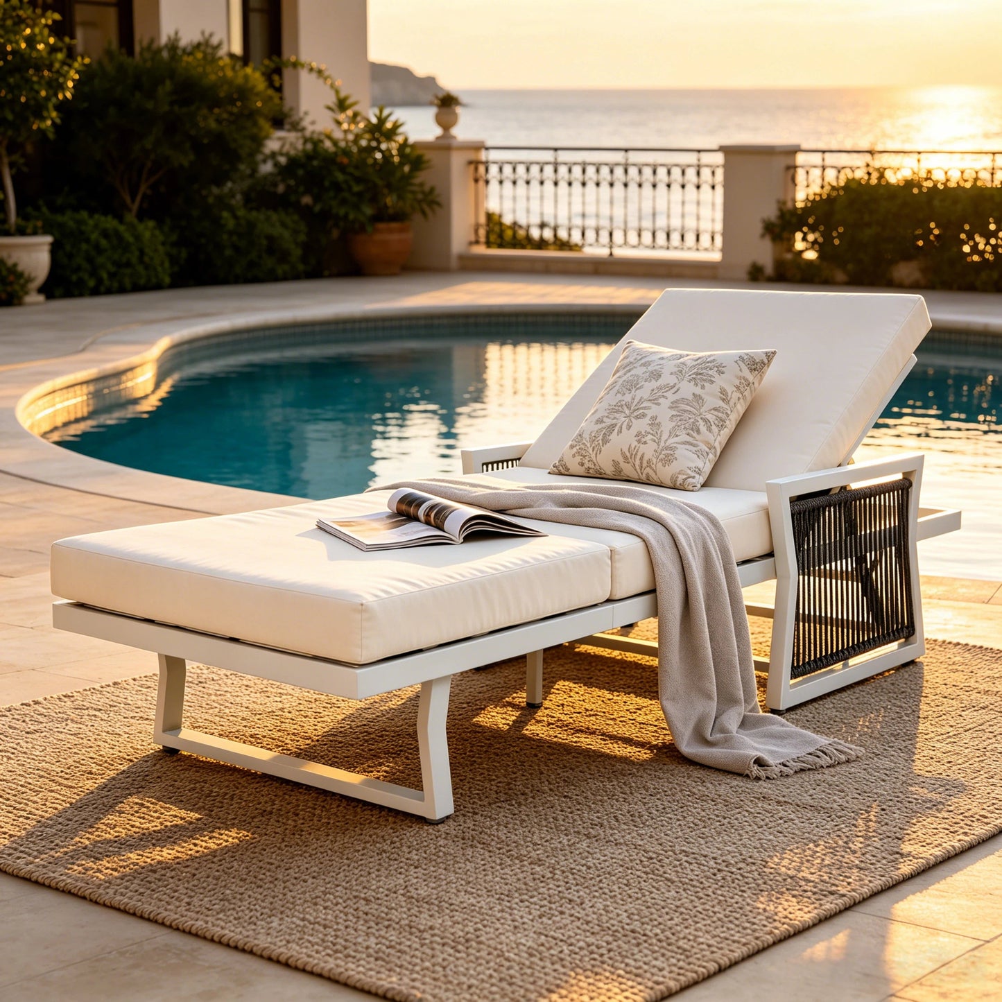 White Iron Outdoor Chaise Lounge and Cushion