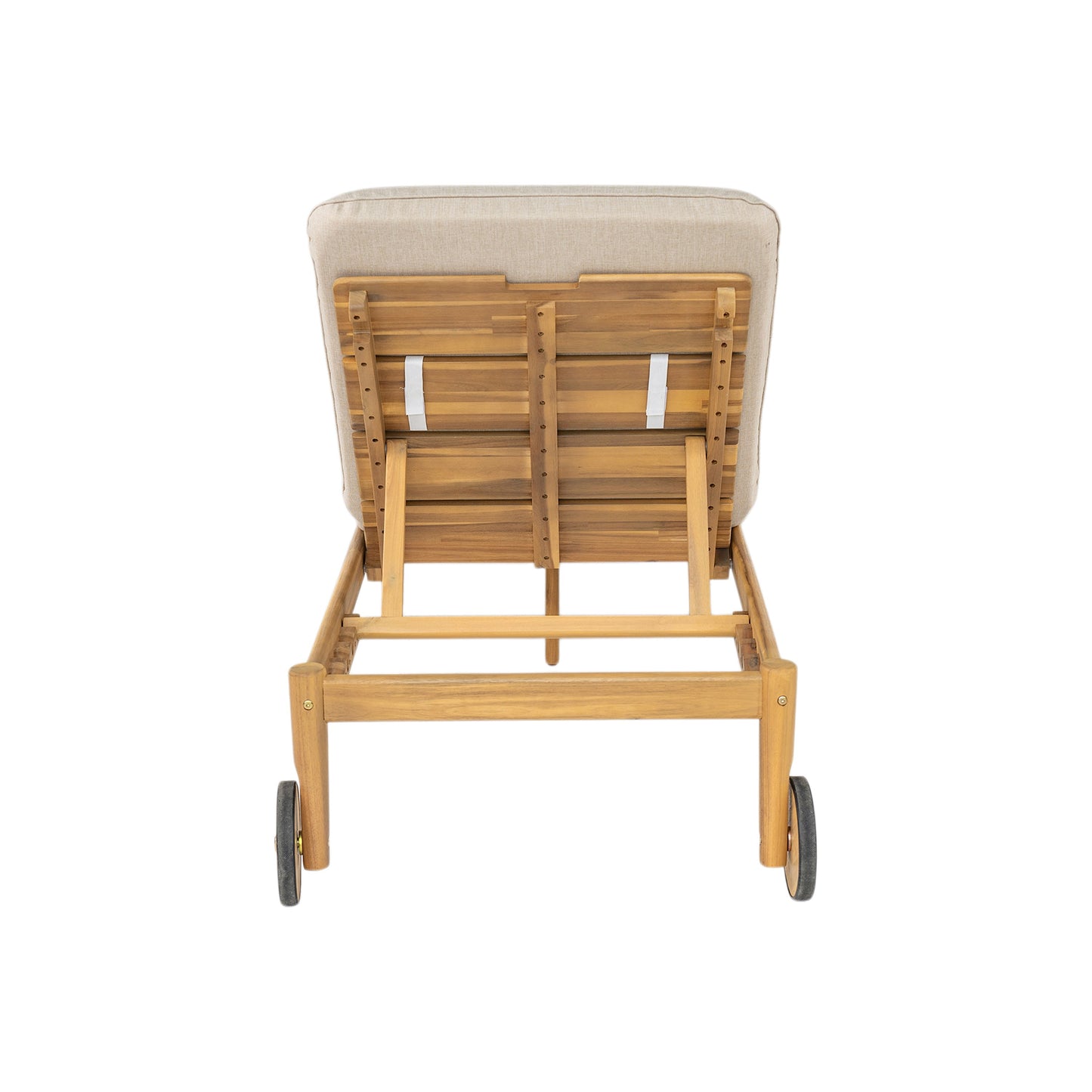 Riviera Outdoor Chaise Lounge set of 2 with acacia wood frame and wheels, beige cushions on Tampa Home & Garden Store