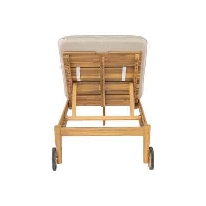 Riviera Outdoor Chaise Lounge set of 2 with acacia wood frame and wheels, beige cushions on Tampa Home & Garden Store