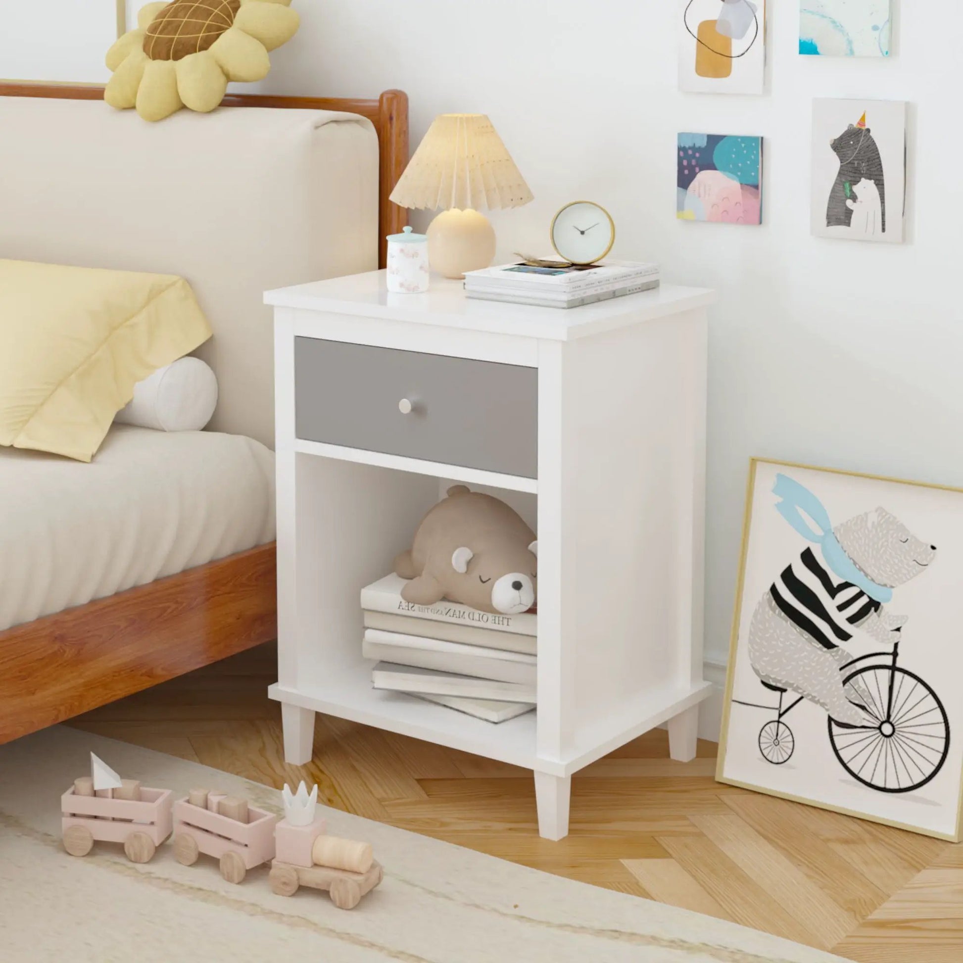 Nightstand With 1 Drawer 1 Shelf white with gray front drawer by Unique Piece Furniture on Tampa Home & Garden Store