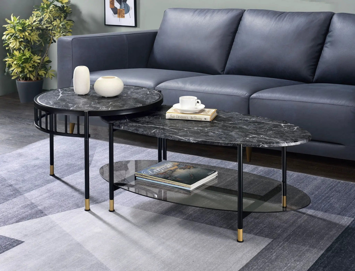 Silas engineered stone top nesting tables set of 2, black round tops with black metal legs on Tampa Home & Garden Store