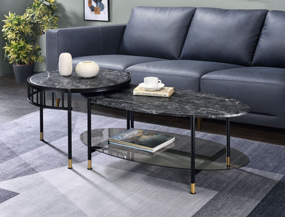 Silas Nesting Tables by HouseOfZazla, black stone tops on metal frames, 2pc set beside sofa on Tampa Home & Garden Store